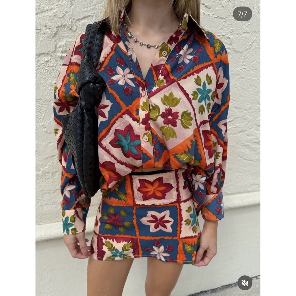 Le Lis‎ XS Retro Bloom Button Front Top Floral 70s Oversized Autumn Fall - Picture 10 of 11